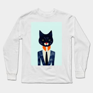 Busy Business Cat Retro Poster Vintage Art Business Wall Office Manager Illustration Long Sleeve T-Shirt